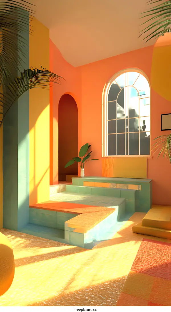 Abstract 3D Render of Minimalist Room with Geometric Shapes and Sunbeams