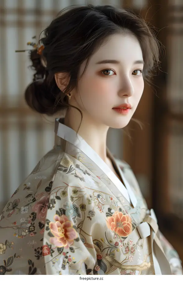 Portrait of a young woman in traditional Korean dress, or Hanbok