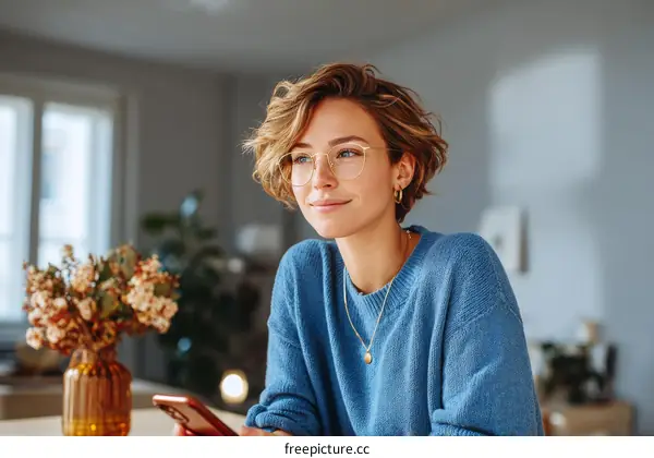 Young woman with short hair using smartphone in cozy living room