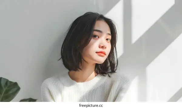 Young Asian Woman with Short Black Hair in a White Sweater