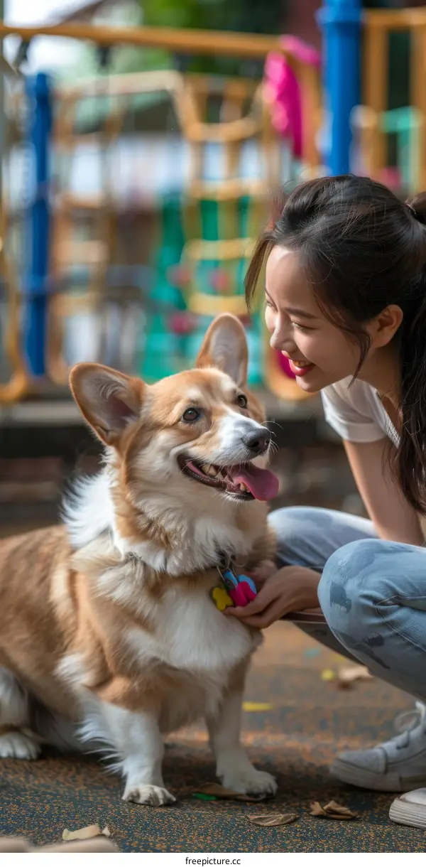 Asian woman playing with a corgi dog in the playground