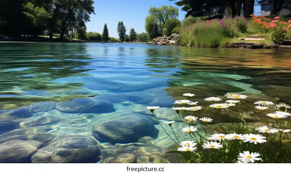 Tranquil River Landscape with White Daisies
