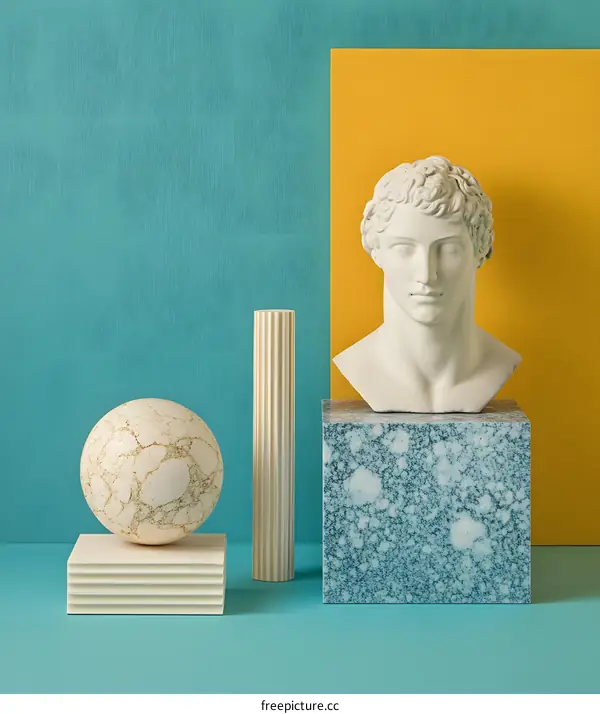White Marble Sculpture on Blue and Yellow Background