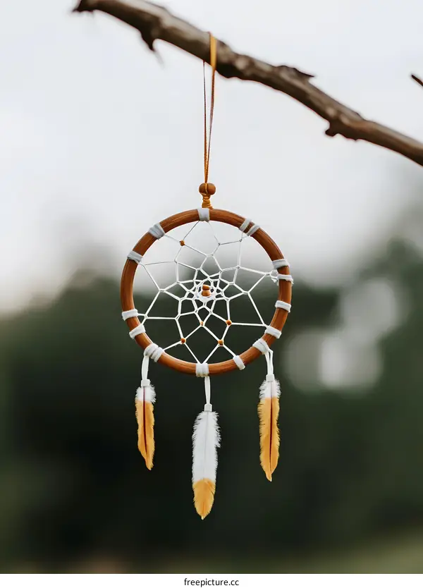 Wooden Dreamcatcher with Feathers Hanging from a Branch