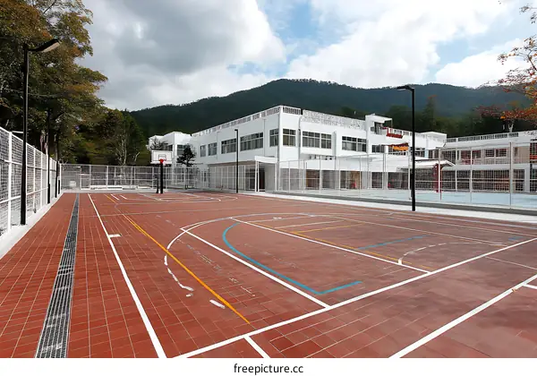 Outdoor School Basketball Court with White Building