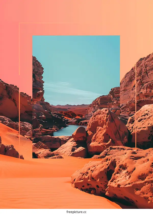 Red Desert Canyon Landscape with Blue Sky and Water