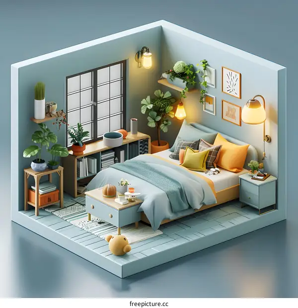 Minimalist Bedroom Interior Design with Blue Walls and Warm Lighting