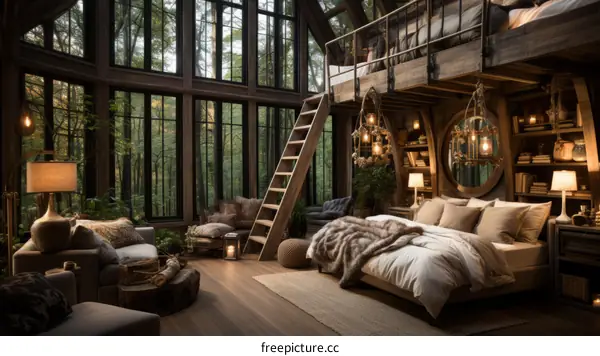 A cozy bedroom in a forest cabin with large windows and a woodsy view