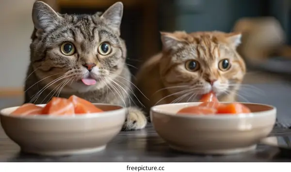 Two Hungry Cats Looking Expectantly at Their Food Bowls