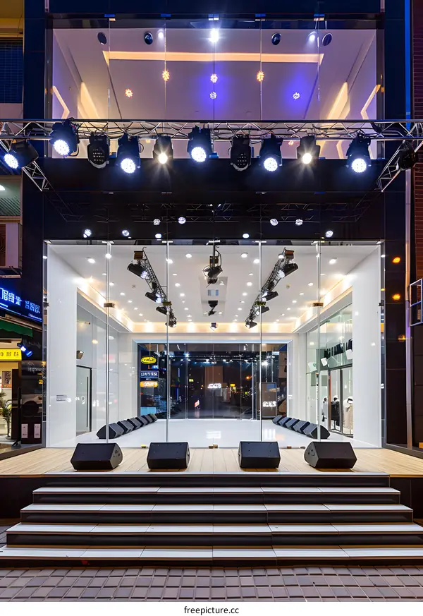 Empty Stage with Speakers and Lights at Night