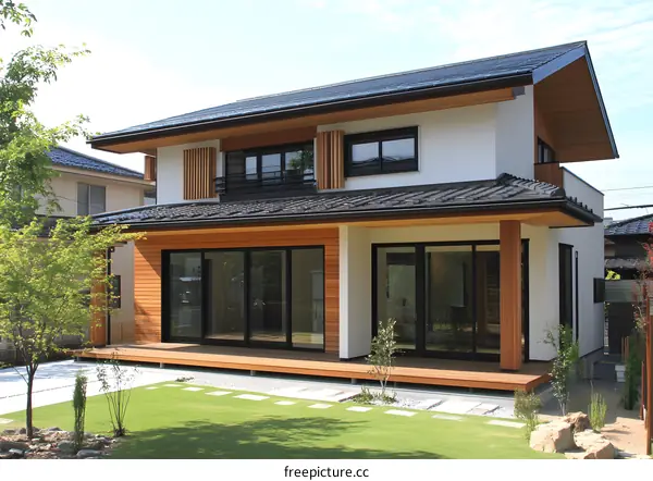 Modern Japanese Style Home Exterior With Wooden Deck