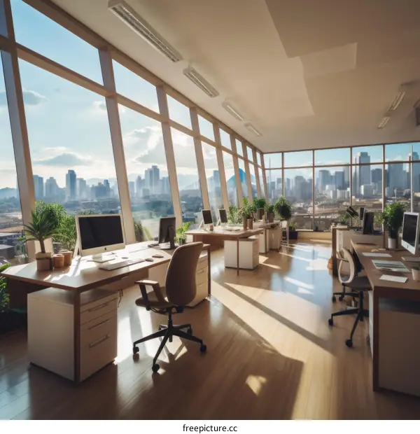 Modern Office Interior with City View and Natural Light