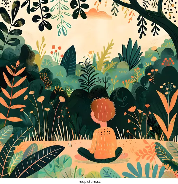 A Person Sitting in a Forest with Lush Green Plants