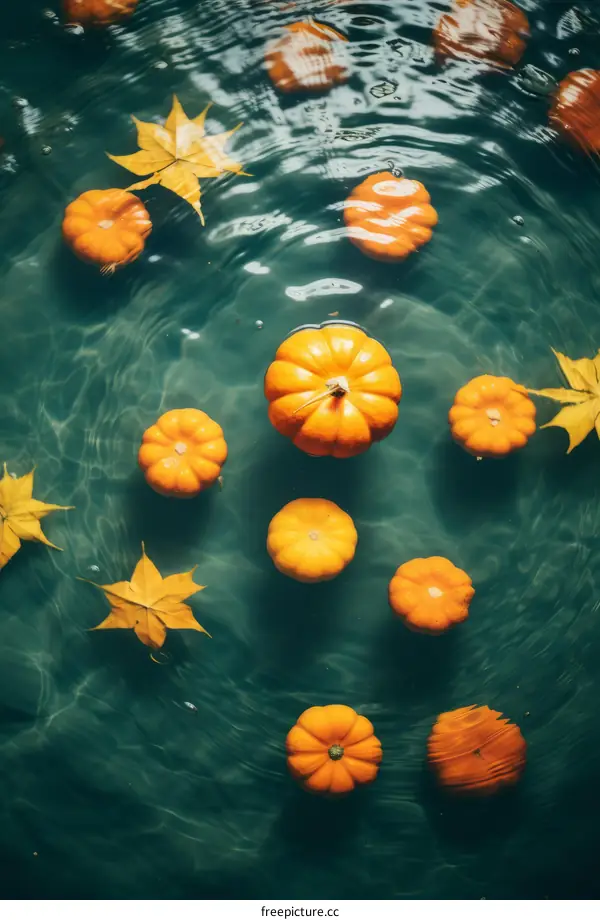 Miniature pumpkins and autumn leaves floating in water
