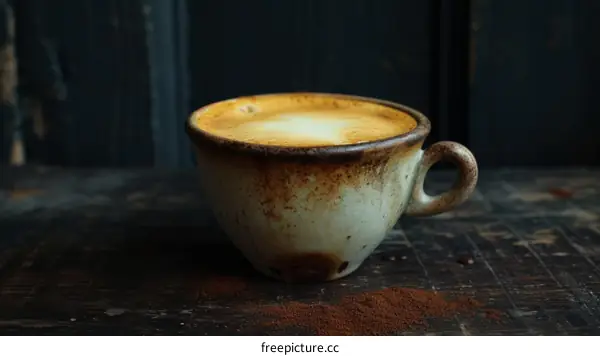 A ceramic cup of coffee on a wooden table