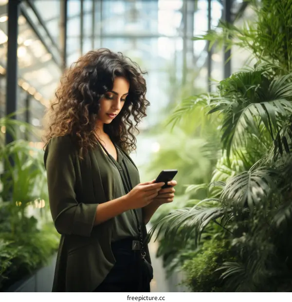 Middle Eastern woman using smartphone in greenhouse