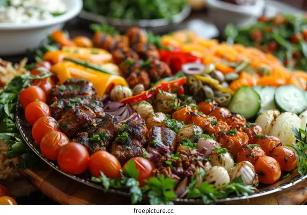 Appetizer Platter of Grilled Meat, Vegetables, and Salad