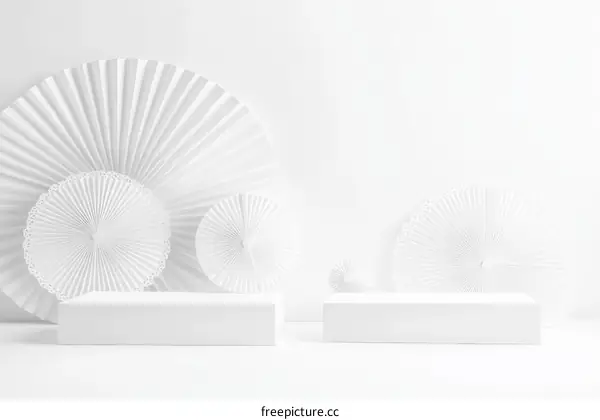 White Minimalist Product Display Background with Paper Fans