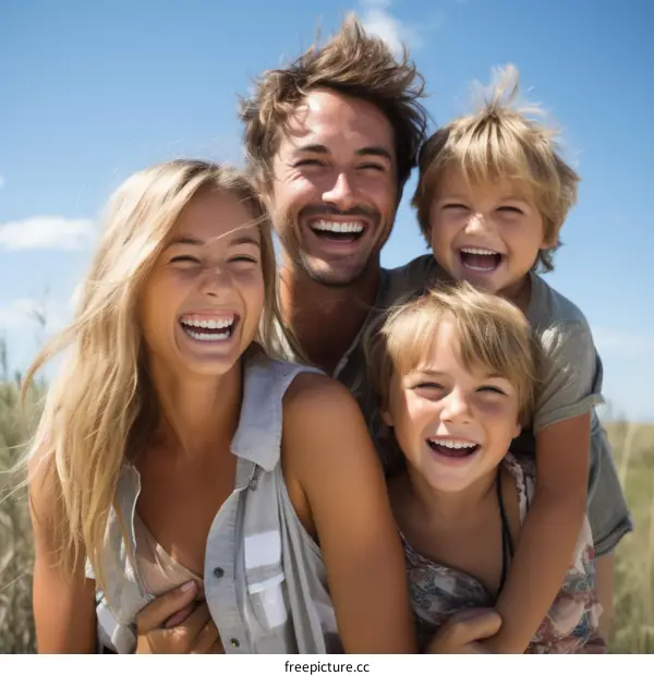 Happy family of four laughing together