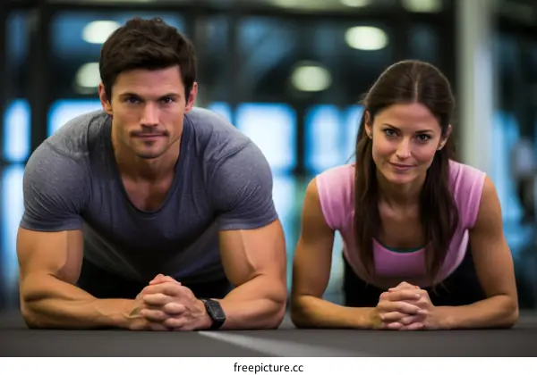 A man and a woman in sportswear are doing plank exercise in a gym