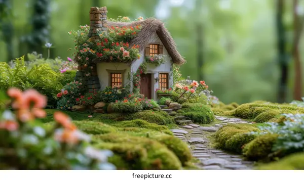 Fantasy Fairy Cottage Nestled in a Lush Green Forest
