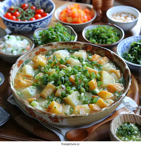 A bowl of delicious Japanese potato and pork stew with spring onion.