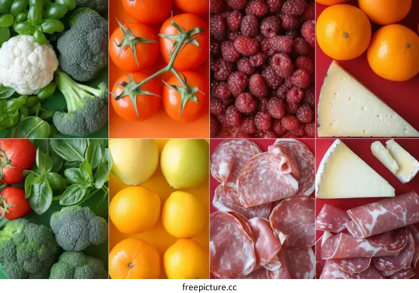 A variety of fresh produce including fruits, vegetables, and cured meats
