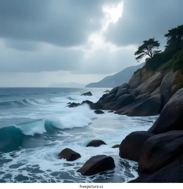 Dramatic Ocean Waves Crashing Against Rocky Coastline Under a Cloudy Sky