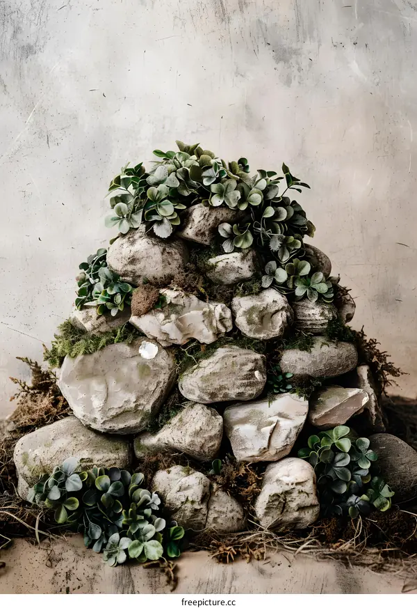 Stone Pile With Green Plants