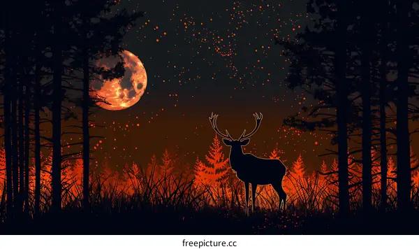 Silhouette Deer in Forest Under Full Moon