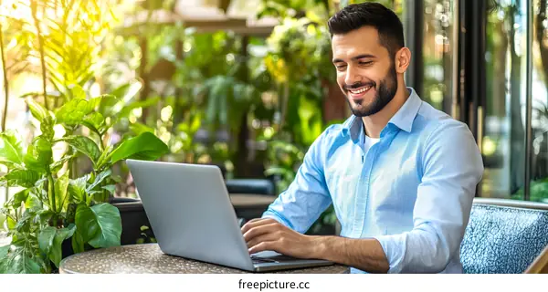 Smiling Man Working on Laptop in a Cafe with Green Plants