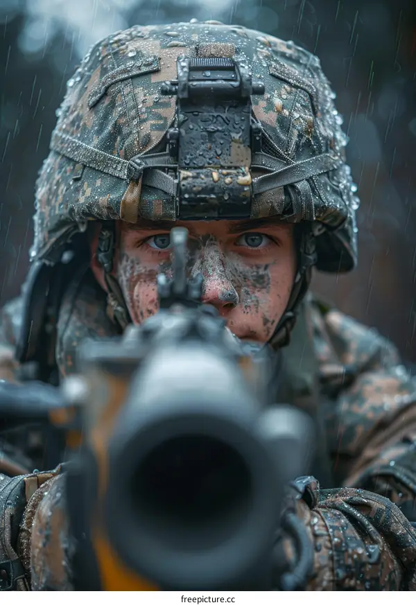 A soldier wearing a helmet and holding a gun in the rain