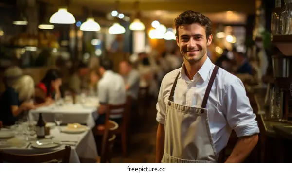 Portrait of a happy young male waiter in a restaurant
