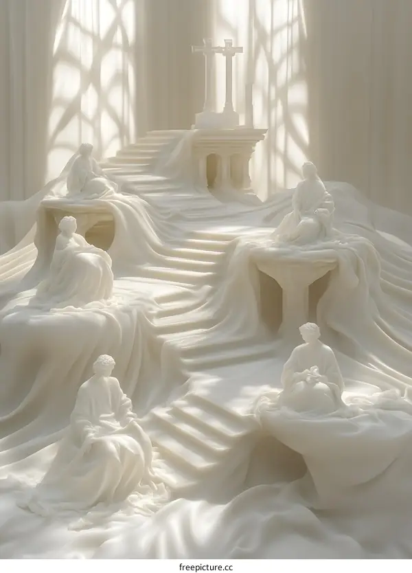 White Marble Statues Surrounded by Draped Fabric