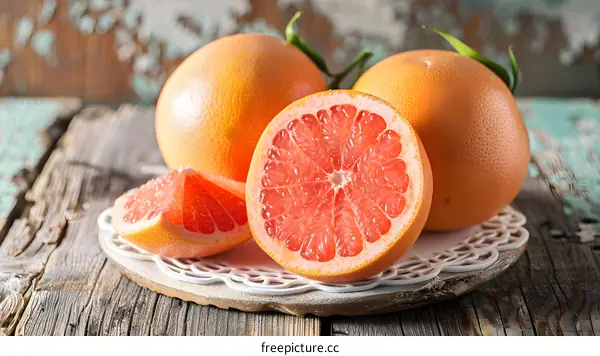 Freshly Cut Grapefruit on Wooden Table