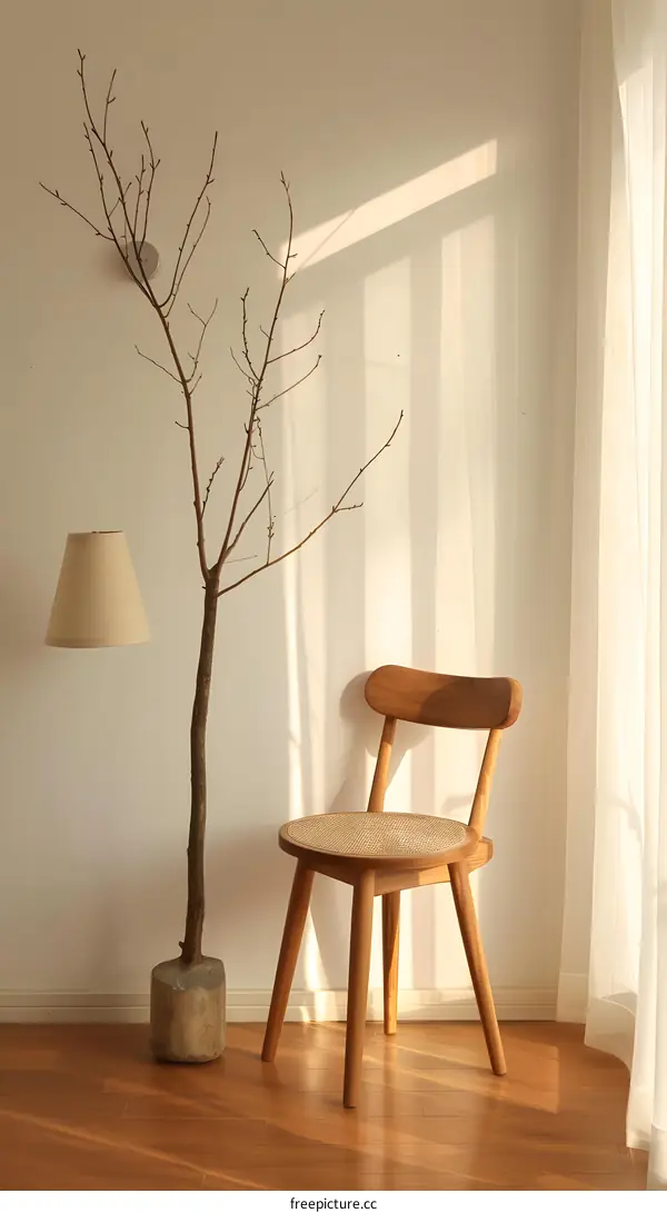 Minimalist Interior Design with Wooden Chair and Dried Branches