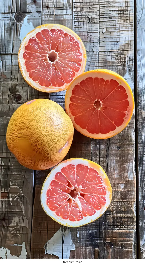 Freshly Cut Grapefruits on a Wooden Table