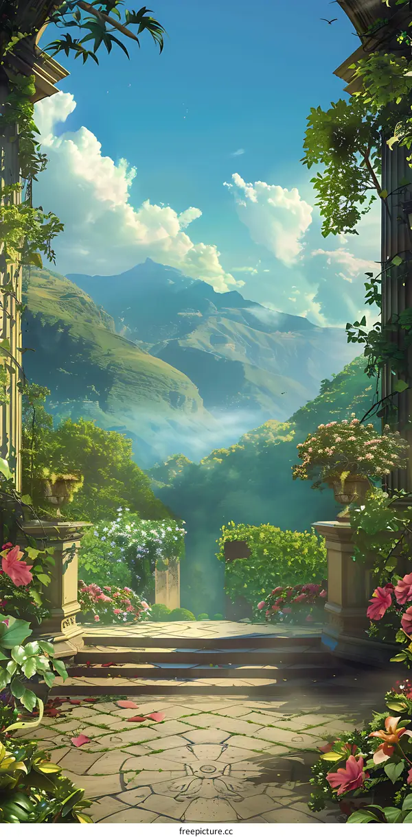 Garden View with Mountain Landscape