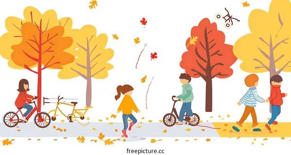 Fall Season Illustration with Children Playing in the Park
