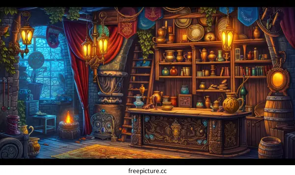 Fantasy tavern interior with fireplace and shelves of potions and magical items