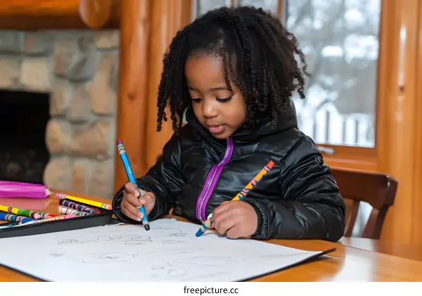 Young African American Girl Drawing with Crayons at a Table