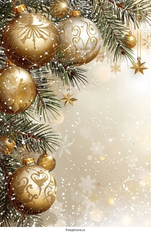 Christmas Ornaments on Snowy Pine Tree Branch