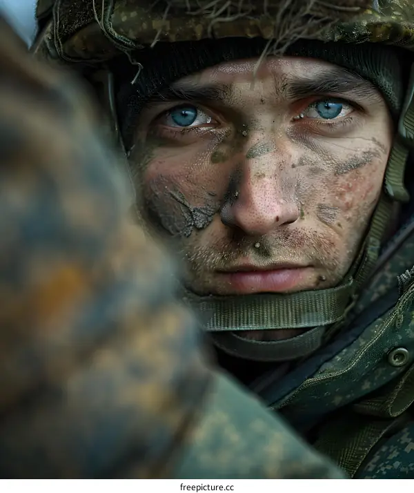 Portrait of a soldier with blue eyes and a dirty face