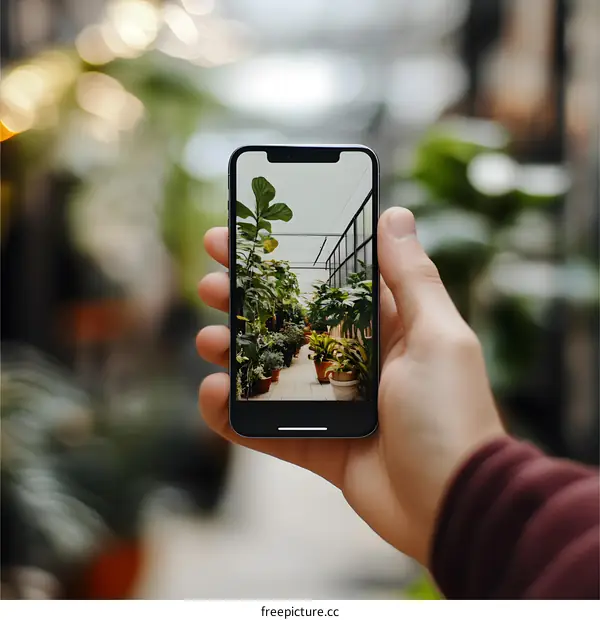 Hand Holding Smartphone With Image of Plants Inside A Greenhouse