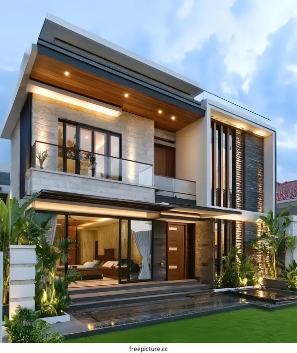 Modern Two Story House With Stone Exterior And Large Windows