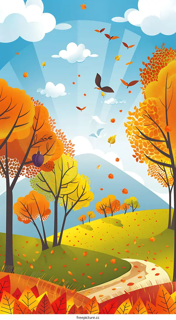 Autumn Landscape with Falling Leaves and Birds