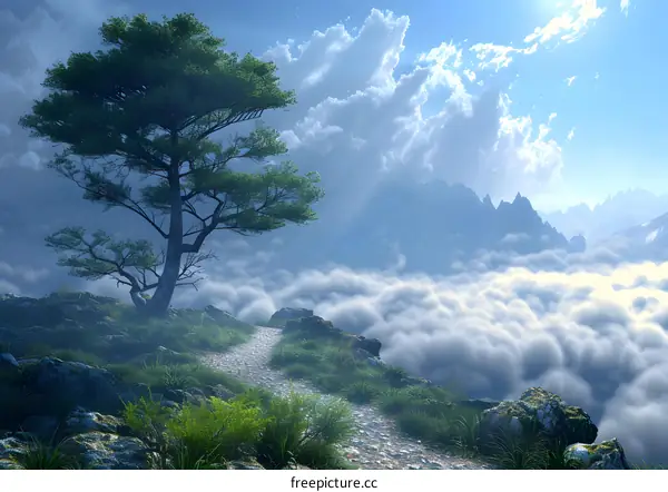 Mountain峰 above the clouds