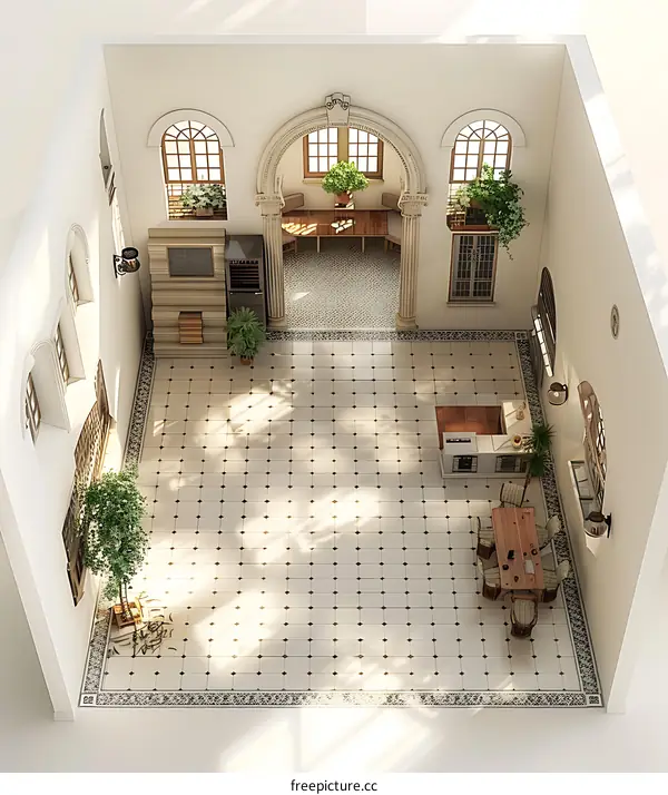 Top View of a White Interior Room with Wooden Furniture