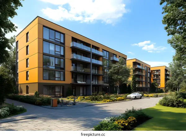 Modern Apartment Building with Balconies and Green Landscaping