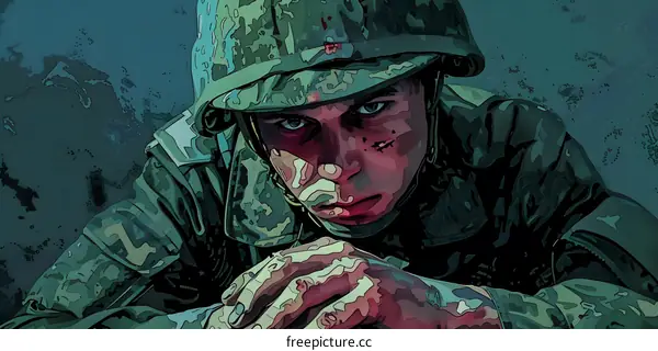 A soldier wearing a green helmet with a red cross on it. The soldiers face is dirty and he has a bandage on his nose.